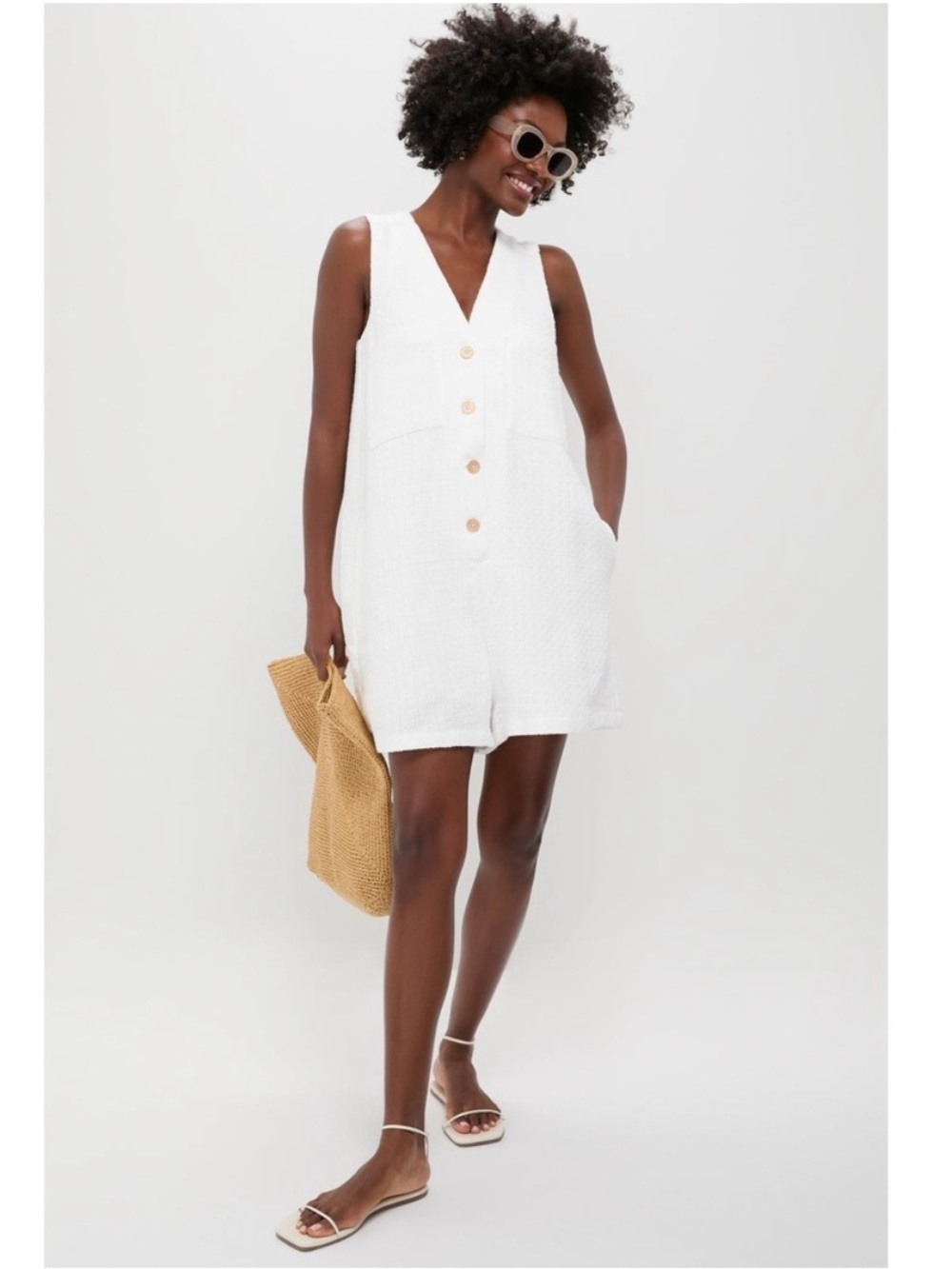 Tuckernuck Romper Myla Textured Button Down in White